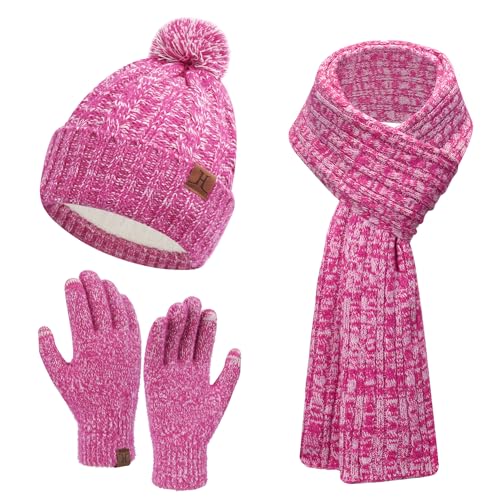 Bequemer Laden Damen Winter Warm Pompom Mütze Touchscreen Handschuhe Lang Schal Set mit Fleece Gefüttert, Wintermütze Beanie Strickmütze mit Bommel Schals Winterhandschuhe, Rosenrot von Bequemer Laden