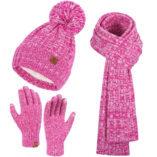 Bequemer Laden Damen Winter Warm Beanie Mütze Touchscreen Handschuhe Lang Schal Set mit Fleece Gefüttert, Thermo Wintermütze Strickmütze mit Bommel Schals Winterhandschuhe Frauen Geschenk, Rosenrot von Bequemer Laden