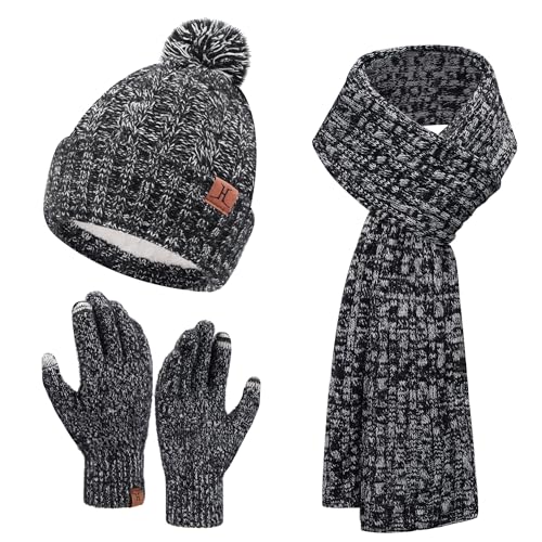 Bequemer Laden Damen Winter Warm Pompom Mütze Touchscreen Handschuhe Lang Schal Set mit Fleece Gefüttert, Wintermütze Beanie Strickmütze mit Bommel Schals Winterhandschuhe, Schwarz Weiß von Bequemer Laden