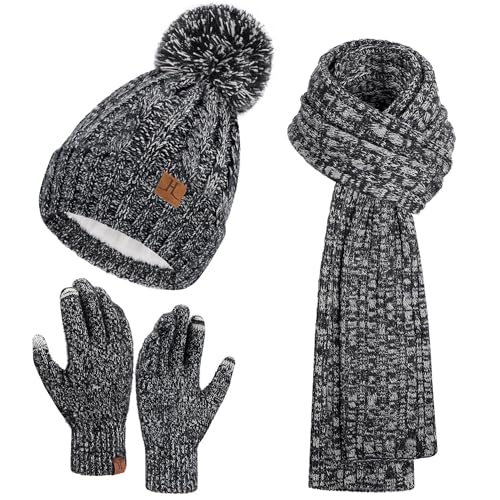 Damen Winter Warm Beanie Mütze Touchscreen Handschuhe Lang Schal Set mit Fleece Gefüttert, Thermo Wintermütze Strickmütze mit Bommel Schals Winterhandschuhe Frauen Geschenk, Schwarz Weiß von Bequemer Laden