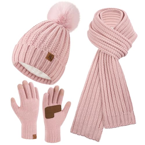 Bequemer Laden Damen Winter Warm Mütze Lang Schal Touchscreen Handschuhe Set, Wintermütze Beanie Strickmütze mit Bommel Schals rutschfeste Winterhandschuhe mit Fleece Gefütterte Geschenk Frauen, Rosa von Bequemer Laden