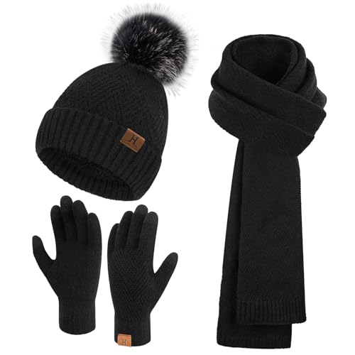 Bequemer Laden Damen Winter Warm Mütze Touchscreen Handschuhe und Lang Schal Set mit Dick Fleece Gefütterte, Thermo Wintermütze Strickmütze Beanie Schals Winterhandschuhe Strickhandschuhe, Schwarz von Bequemer Laden