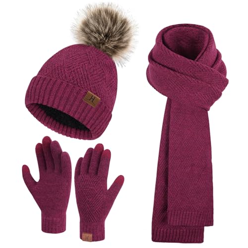 Bequemer Laden Damen Winter Warm Mütze Touchscreen Handschuhe und Lang Schal Set mit Dick Fleece Gefütterte, Thermo Wintermütze Strickmütze Beanie Schals Winterhandschuhe Strickhandschuhe, Rosarot von Bequemer Laden