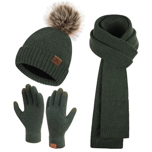 Bequemer Laden Damen Winter Warm Mütze Touchscreen Handschuhe und Lang Schal Set mit Dick Fleece Gefütterte, Thermo Wintermütze Strickmütze Beanie Schals Winterhandschuhe Strickhandschuhe, Armeegrün von Bequemer Laden