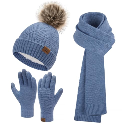 Bequemer Laden Damen Winter Warm Mütze Touchscreen Handschuhe und Lang Schal Set mit Dick Fleece Gefütterte, Thermo Wintermütze Strickmütze Beanie Schals Winterhandschuhe Strickhandschuhe, Denim Blau von Bequemer Laden