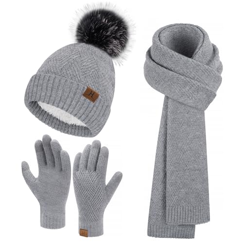 Bequemer Laden Damen Winter Warm Mütze Touchscreen Handschuhe und Lang Schal Set mit Dick Fleece Gefütterte, Thermo Wintermütze Strickmütze Beanie Schals Winterhandschuhe Strickhandschuhe, Grau von Bequemer Laden