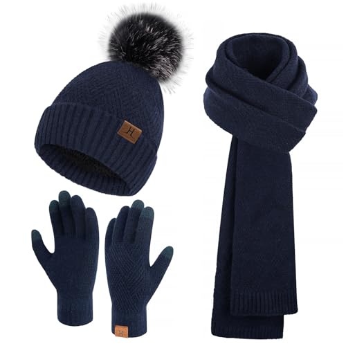 Bequemer Laden Damen Winter Warm Mütze Touchscreen Handschuhe und Lang Schal Set mit Dick Fleece Gefütterte, Thermo Wintermütze Strickmütze Beanie Schals Winterhandschuhe Strickhandschuhe, Navy Blau von Bequemer Laden
