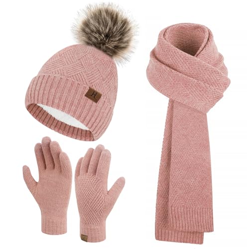 Bequemer Laden Damen Winter Warm Mütze Touchscreen Handschuhe und Lang Schal Set mit Dick Fleece Gefütterte, Thermo Wintermütze Strickmütze Beanie Schals Winterhandschuhe Strickhandschuhe, Rosa von Bequemer Laden