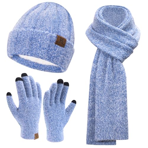 Bequemer Laden Damen Winter Warm Mütze Touchscreen Handschuhe und Lang Schal Set mit Fleece Gefütterte, Wintermütze Strickmütze Beanie Schals Winterhandschuhe Strickhandschuhe, Blau von Bequemer Laden