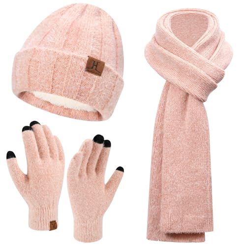 Bequemer Laden Damen Winter Warm Mütze Touchscreen Handschuhe und Lang Schal Set mit Fleece Gefütterte, Wintermütze Strickmütze Beanie Schals Winterhandschuhe Strickhandschuhe, Rosa Rot von Bequemer Laden