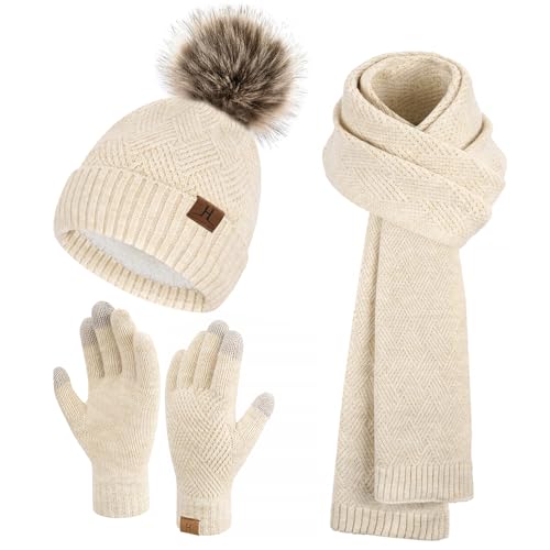 Bequemer Laden Damen Winter Warm Mütze Touchscreen Handschuhe und Lang Set mit Dick Fleece Gefütterte, Thermo Wintermütze Strickmütze Beanie Schals Winterhandschuhe Strickhandschuhe, Aprikose von Bequemer Laden