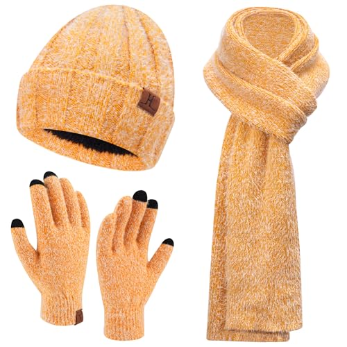 Damen Winter Warm Beanie Mütze Touchscreen Handschuhe und Lang Schal Set mit Fleece Gefütterte, Thermo Wintermütze Strickmütze Schals Winterhandschuhe Strickhandschuhe Frauen Geschenk, Gelb von Bequemer Laden