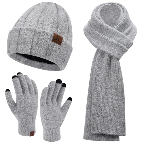 Damen Winter Warm Beanie Mütze Touchscreen Handschuhe und Lang Schal Set mit Fleece Gefütterte, Thermo Wintermütze Strickmütze Schals Winterhandschuhe Strickhandschuhe Frauen Geschenk, Grau von Bequemer Laden