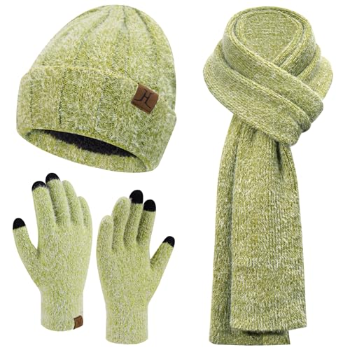 Damen Winter Warm Beanie Mütze Touchscreen Handschuhe und Lang Schal Set mit Fleece Gefütterte, Thermo Wintermütze Strickmütze Schals Winterhandschuhe Strickhandschuhe Frauen Geschenk, Grün von Bequemer Laden