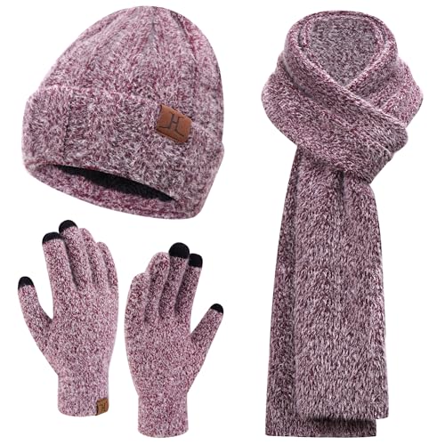 Damen Winter Warm Beanie Mütze Touchscreen Handschuhe und Lang Schal Set mit Fleece Gefütterte, Thermo Wintermütze Strickmütze Schals Winterhandschuhe Strickhandschuhe Frauen Geschenk, Weinrot von Bequemer Laden