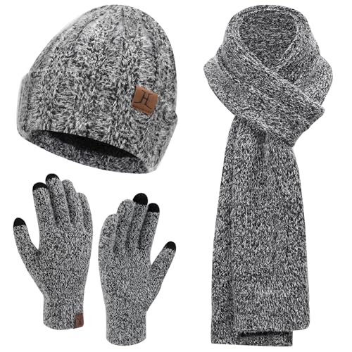 Bequemer Laden Damen Winter Warm Mütze Touchscreen Handschuhe und Lang Schal Set mit Fleece Gefütterte, Wintermütze Strickmütze Beanie Schals Winterhandschuhe Strickhandschuhe, Schwarz von Bequemer Laden