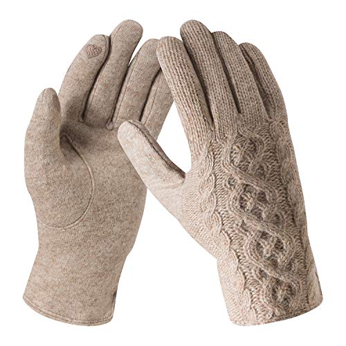 Bequemer Laden Damen Wintersport Handschuhe Dick Fleece Strick Handschuhe Touchscreen Warme Winterhandschuhe für Outdoor Garten mit Warme Fleece Futter & Wolle Haken, Khaki, Einheitsgröße von Bequemer Laden