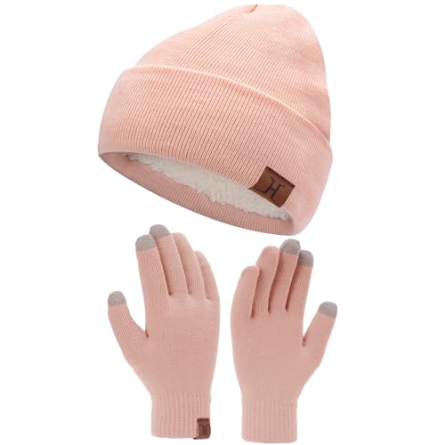 Bequemer Laden Herren Damen Winter Warm Beanie Mütze Touchscreen Handschuhe Set, Thermo Wintermütze Strickmütze Winterhandschuhe mit Fleece Gefüttert， Rosa von Bequemer Laden