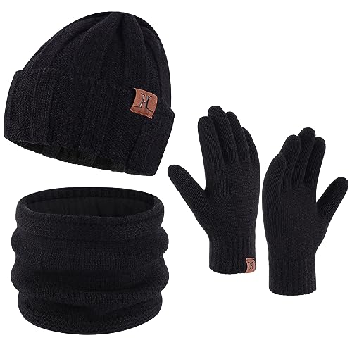 Bequemer Laden Herren Winter Warm Mütze Loop Schal und Touchscreen Handschuhe Set mit Fleece Gefütterte Thermo Wintermütze Strickmütze Schlauchschal Winterhandschuhe Geschenk für Männer, A Schwarz von Bequemer Laden