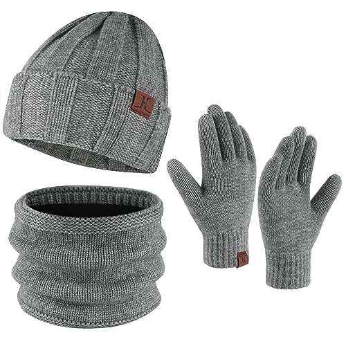 Bequemer Laden Herren Winter Warm Mütze Loop Schal und Touchscreen Handschuhe Set mit Fleece Gefütterte Thermo Wintermütze Strickmütze Schlauchschal Winterhandschuhe Geschenk für Männer, A Grau von Bequemer Laden