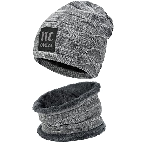 Bequemer Laden 2 Stücke Winter Beanie Mütze Schal Set Wolle Warme Strickmütze Dicke Fleecefutter Wintermütze & Schal für Herren und Damen, 2-grau, Einheitsgröße von Bequemer Laden