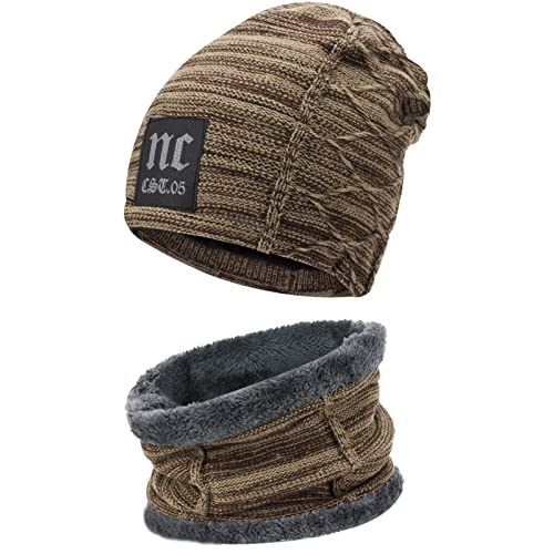 Bequemer Laden Herren Winter Warm Beanie Mütze Loop Schal Set Thermo Wintermütze Strickmütze Schlauchschal Halswärmer mit Fleece Gefütterte Geschenk Männer Weihnachten, Z Khaki, Einheitsgröße von Bequemer Laden