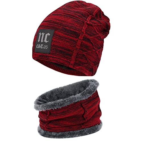 Bequemer Laden Herren Winter Warm Beanie Mütze Loop Schal Set Thermo Wintermütze Strickmütze Schlauchschal Halswärmer mit Fleece Gefütterte Geschenk Männer Weihnachten, Z Rotwein, Einheitsgröße von Bequemer Laden