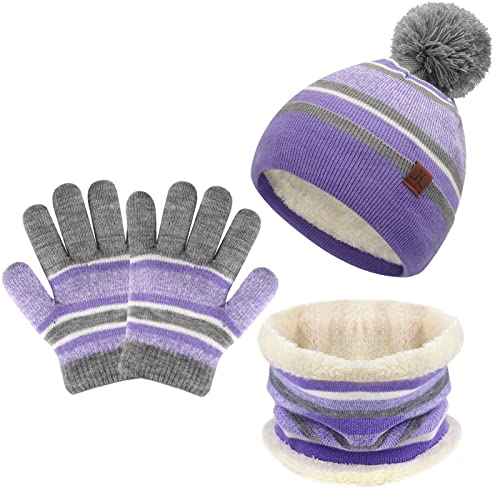 Bequemer Laden Kinder Baby Wintermütze Gestreifte Pompon Beanie Mütze und Schal Handschuhe Strickset für Jungen Mädchen mit Thermal Fleece Futter,Lila,Einheitsgröße von Bequemer Laden