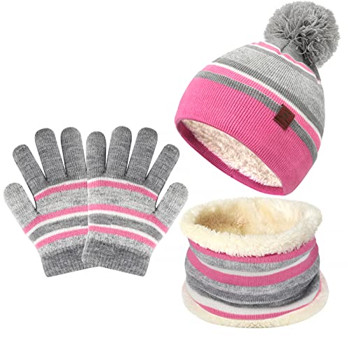 Bequemer Laden Kinder Baby Wintermütze Gestreifte Pompon Beanie Mütze und Schal Handschuhe Strickset für Jungen Mädchen mit Thermal Fleece Futter,Rosa,Einheitsgröße von Bequemer Laden