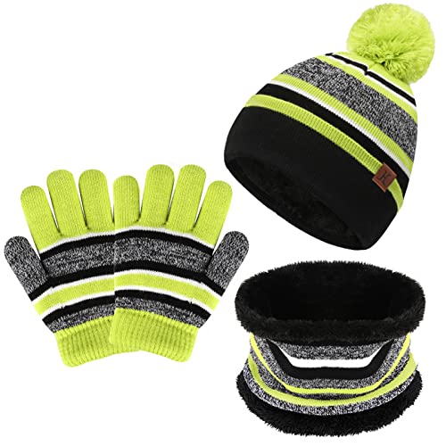 Bequemer Laden Kinder Baby Wintermütze Gestreifte Pompon Beanie Mütze und Schal Handschuhe Strickset für Jungen Mädchen mit Thermal Fleece Futter,Zitronengrün,Einheitsgröße von Bequemer Laden