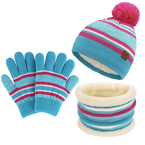 Kinder Jungen Mädchen Beanie Mütze Schal und Handschuhe Set mit Fleece Gefütterte für 2-7 Jahre, Kleinkinder Wintermütze mit Bommel Schlauchschal Winterhandschuhe Set, Einheitsgröße, Himmelblau von Bequemer Laden