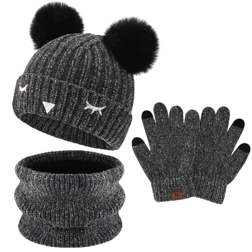 Kinder Winter Warm Pompom Beanie Mütze Schal Schlauchschal und Touchscreen Handschuhe Set mit Fleece Gefüttert für 3-10 Jahre Jungen Mädchen Wintermütze Strickmütze Winterhandschuhe, Dunkelgrau von Bequemer Laden