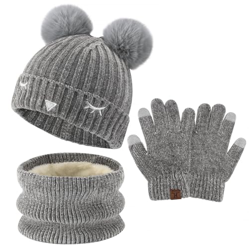 Kinder Winter Warm Pompom Beanie Mütze Schal Schlauchschal und Touchscreen Handschuhe Set mit Fleece Gefüttert für 3-10 Jahre Jungen Mädchen Wintermütze Strickmütze Winterhandschuhe, Hellgrau von Bequemer Laden