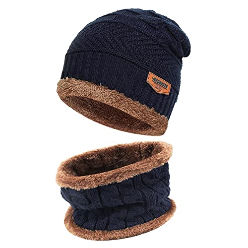 Bequemer Laden Kinder Winter Warm Mütze und Loop Schal Set mit Fleece Gefütterte für 3-8 Jahre Jungen Mädchen, Wintermütze Strickmütze Beanie Schlauchschal Halswärmer, Z Dunkelblau von Bequemer Laden