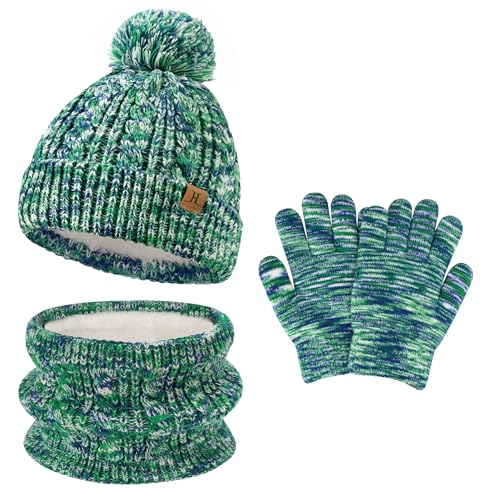 Kinder Winter Warm Beanie Mütze Handschuhe Loop Schal Set Wintermütze Strickmütze Schlauchschal Winterhandschuhe für 5-8 Jahre Mädchen Jungen, Grün von Bequemer Laden