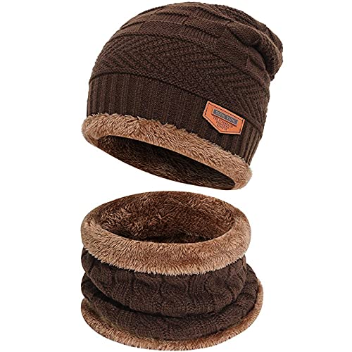 Bequemer Laden Kinder Winter Warm Mütze und Loop Schal Set mit Fleece Gefütterte für 3-8 Jahre Jungen Mädchen, Wintermütze Strickmütze Beanie Schlauchschal Halswärmer, Z Braun von Bequemer Laden