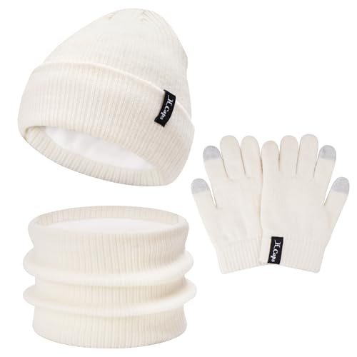 Bequemer Laden Kinder Winter Warm Mütze Loop Schal Touchscreen Handschuhe Set, Jungen Mädchen Wintermütze Strickmütze Schlauchschal Winterhandschuhe Strickhandschuhe für 4-8 Jahre, B Beige von Bequemer Laden