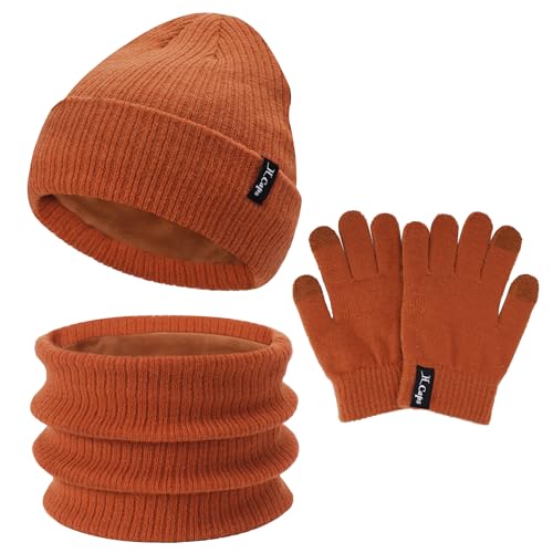 Bequemer Laden Kinder Winter Warm Mütze Loop Schal Touchscreen Handschuhe Set, Jungen Mädchen Wintermütze Strickmütze Schlauchschal Winterhandschuhe Strickhandschuhe für 4-8 Jahre, B Orange von Bequemer Laden