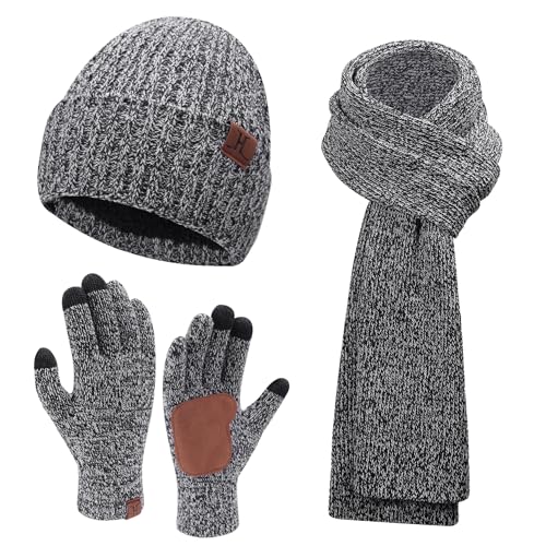 Herren Winter Warm Beanie Mütze Lange Schal und Touchscreen Handschuhe Set mit Fleece Gefüttert Wintermütze Strickmütze Rutschfeste Winterhandschuhe Schals Geschenk Männer Frauen, Grau von Bequemer Laden