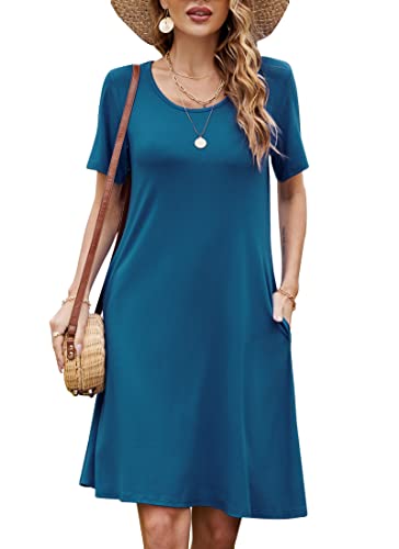 Damen Sommer Tshirt Kleid Locker Rundhals Kurzarm Midi Kleider Elegant Blumen Sommerkleid Knielang Strandkleid Lässig Midikleid Freizeitkleid mit Taschen, A Dunkelblau, M von Bequemer Laden
