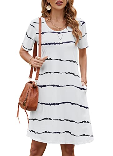 Bequemer Laden Damen Casual Sommer Tshirt Kleid Locker Rundhals Kurzarm Midi Kleider Knielang Elegant Sommerkleid Strandkleid mit Taschen, D Gestreift Weiß, S von Bequemer Laden