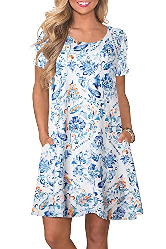 Damen Sommer Tshirt Kleid Locker Rundhals Kurzarm Midi Kleider Elegant Blumen Sommerkleid Knielang Strandkleid Lässig Midikleid Freizeitkleid mit Taschen, C Blumen 05, S von Bequemer Laden