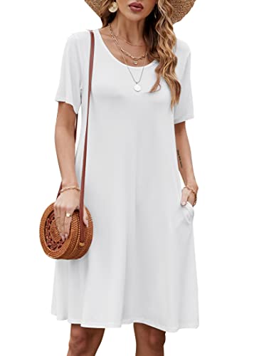 Bequemer Laden Damen Casual Sommer Tshirt Kleid Locker Rundhals Kurzarm Midi Kleider Knielang Elegant Sommerkleid Strandkleid mit Taschen, A Beige, S von Bequemer Laden