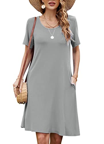 Bequemer Laden Damen Casual Sommer Tshirt Kleid Locker Rundhals Kurzarm Midi Kleider Knielang Elegant Sommerkleid Strandkleid mit Taschen, A Grau, S von Bequemer Laden