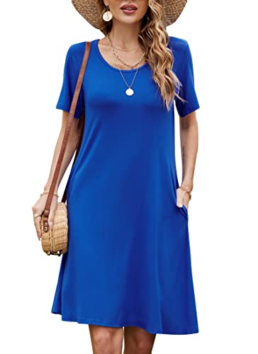 Damen Sommer Tshirt Kleid Locker Rundhals Kurzarm Midi Kleider Elegant Blumen Sommerkleid Knielang Strandkleid Lässig Midikleid Freizeitkleid mit Taschen, A Königsblau, S von Bequemer Laden