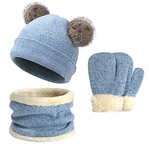 Kinder Beanie Mütze Schal und Handschuhe Set mit Fleece Gefütterte für 3-6 Jahre Mädchen Jungen, Kleinkinder Wintermütze Strickmütze mit Bommel Schlauchschal Fäustlinge, Blau, Einheitsgröße von Bequemer Laden