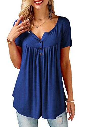 Bequemer Laden Damen Casual T-Shirt Kurzarm V-Ausschnitt Knopfleiste Bluse Longshirt Elegant Einfarbig/Blumen Tunika Oberteile Top Hemd Sommer Frühling, Marineblau, L von Bequemer Laden