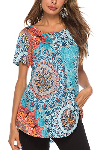 Bequemer Laden Damen Casual T-Shirt Kurzarm V-Ausschnitt Knopfleiste Bluse Longshirt Elegant Einfarbig/Blumen Tunika Oberteile Top Hemd Sommer Frühling, Y-Blau, M von Bequemer Laden