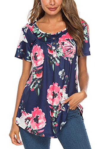 Bequemer Laden Damen Casual T-Shirt Kurzarm V-Ausschnitt Knopfleiste Bluse Longshirt Elegant Einfarbig/Blumen Tunika Oberteile Top Hemd Sommer Frühling, Y-Marine, L von Bequemer Laden