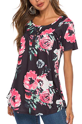 Bequemer Laden Damen Casual T-Shirt Kurzarm V-Ausschnitt Knopfleiste Bluse Longshirt Elegant Einfarbig/Blumen Tunika Oberteile Top Hemd Sommer Frühling, Y-Schwarz, XL von Bequemer Laden